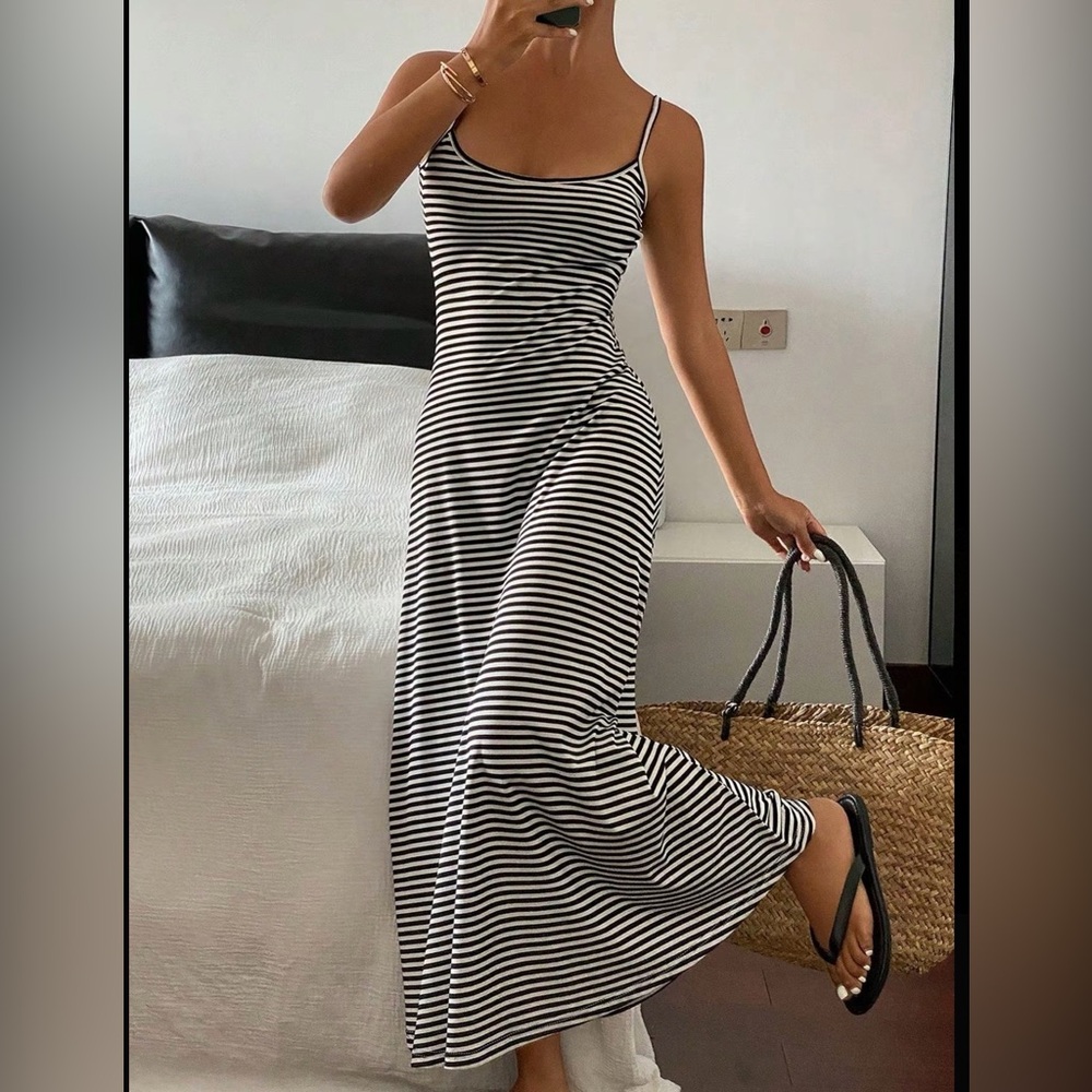 Striped Black & White Spaghetti Strap Maxi Dress